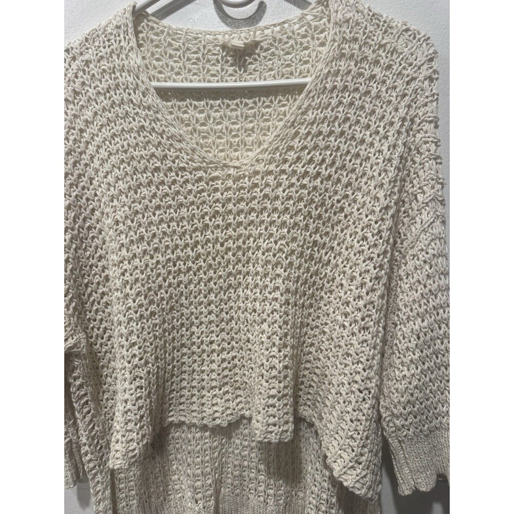 Eileen Fisher Cream Open Knit V-Neck Sweater medium 3/4 Sleeve High-Low Pullover - Picture 6 of 8